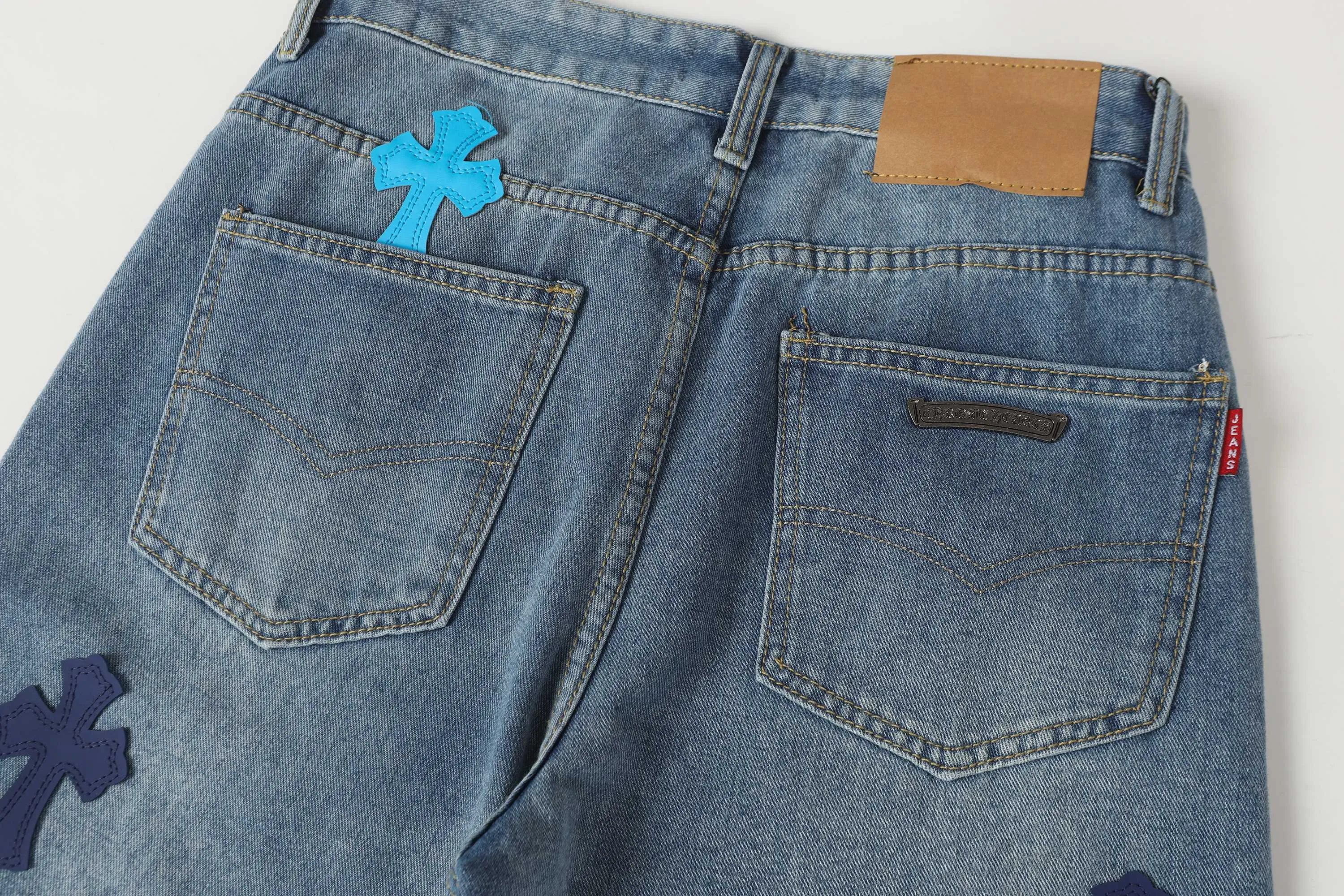 P270 Chrome Hearts/Chrome Hearts 25ss classic colored leather cross washed color cloth denim trousers for men and women Color: Picture color Code number: 28-36